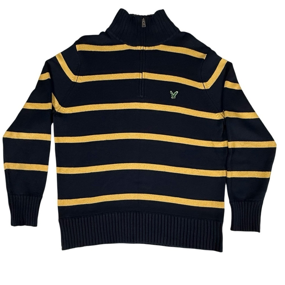 American Eagle Outfitters XXL Striped Quarter-Zip Cotton Sweater yellow/ Blue